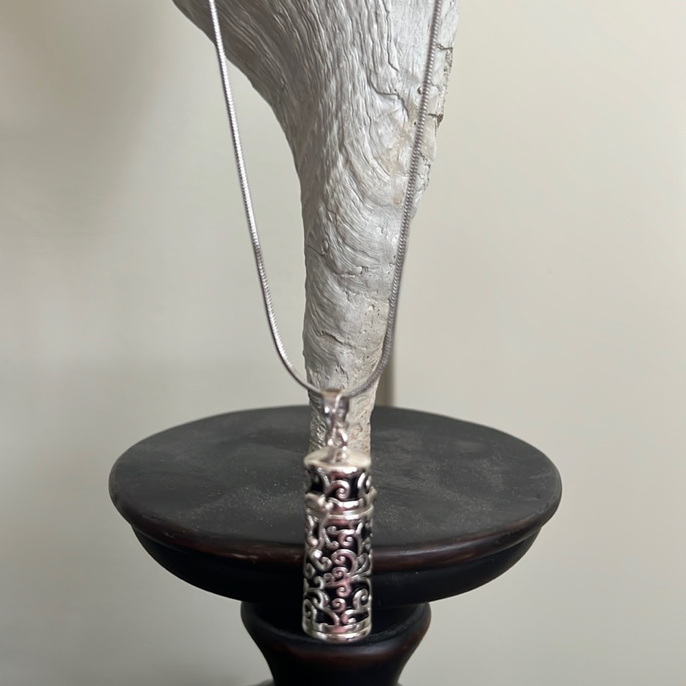 Silver Tone Filigree Cylinder Pendant Necklace